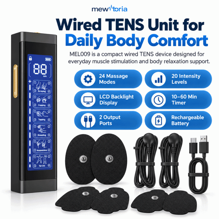 Rechargeable Wired TENS Unit with 24 Modes & 20 Intensity Levels - Image 2